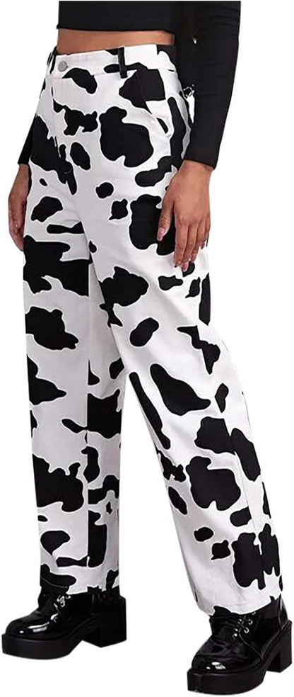 ILUCI Women High Waist Jeans Casual Wide Leg Denim Pants Y2K Fashion White Cow Print Jeans Straight Trousers Streetwear