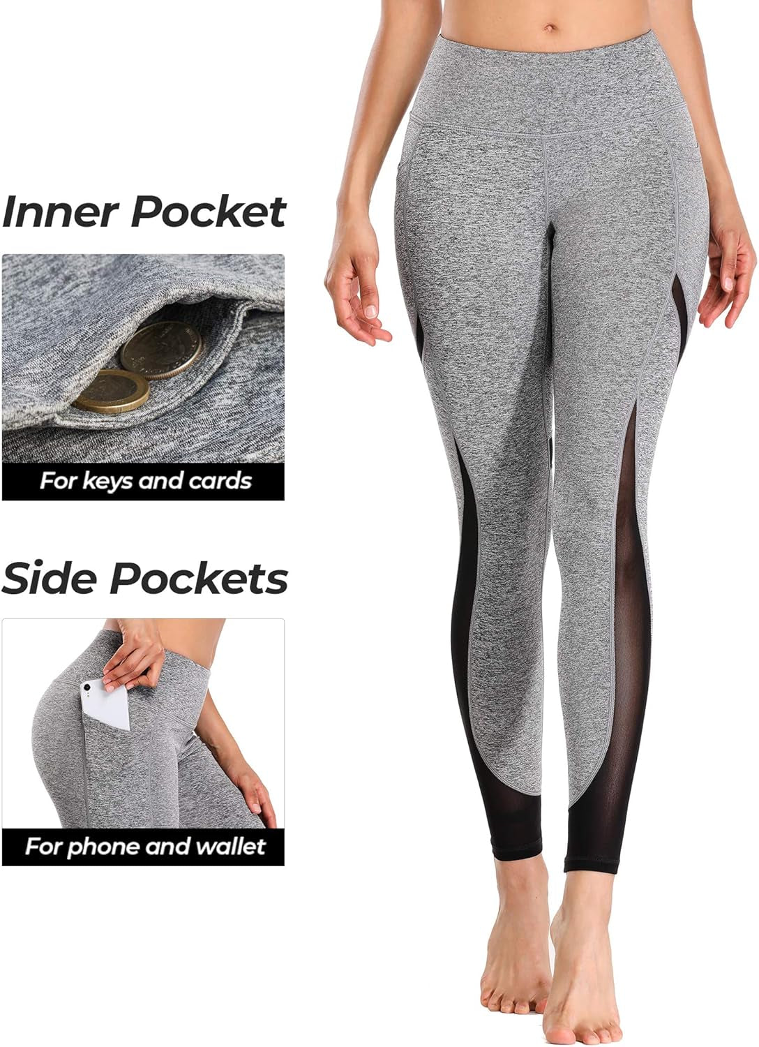 Women'S Mesh Yoga Leggings with Side Pockets Tummy Control Workout Running Capris High Waist Yoga Pants