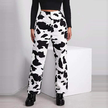 ILUCI Women High Waist Jeans Casual Wide Leg Denim Pants Y2K Fashion White Cow Print Jeans Straight Trousers Streetwear