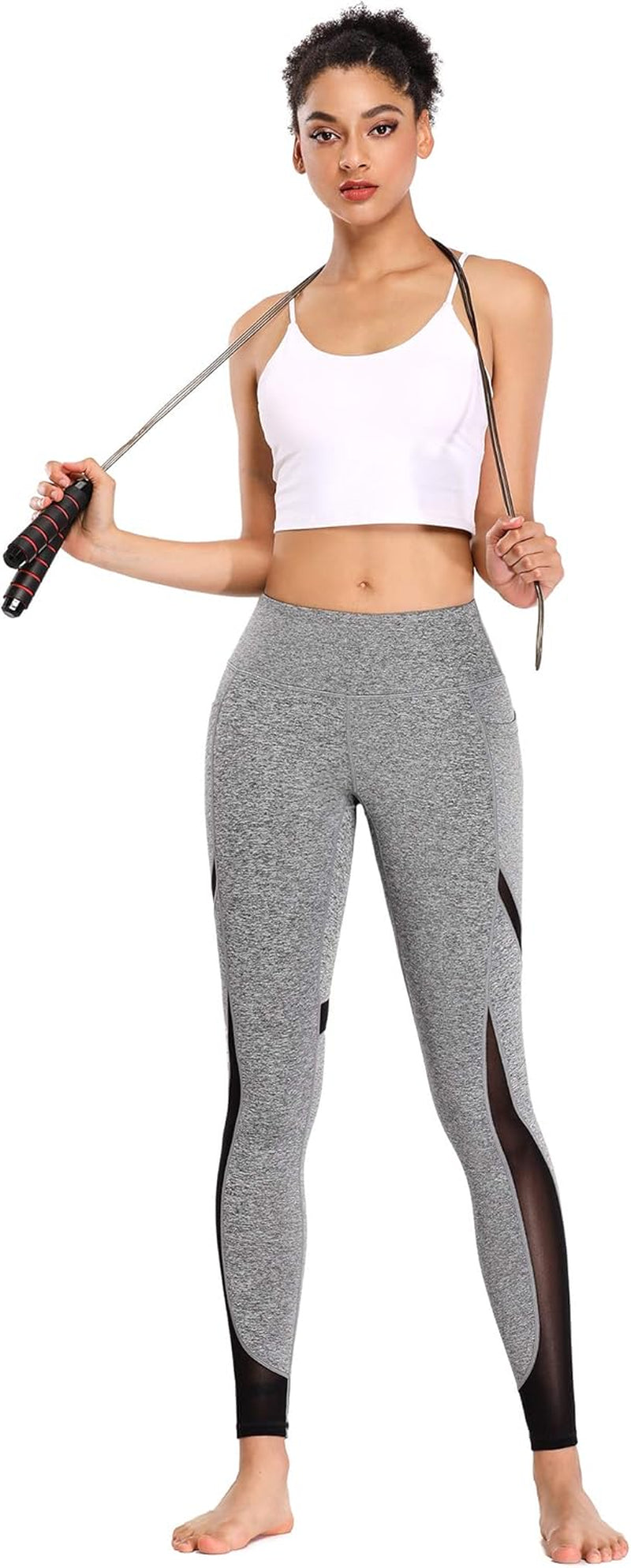 Women'S Mesh Yoga Leggings with Side Pockets Tummy Control Workout Running Capris High Waist Yoga Pants