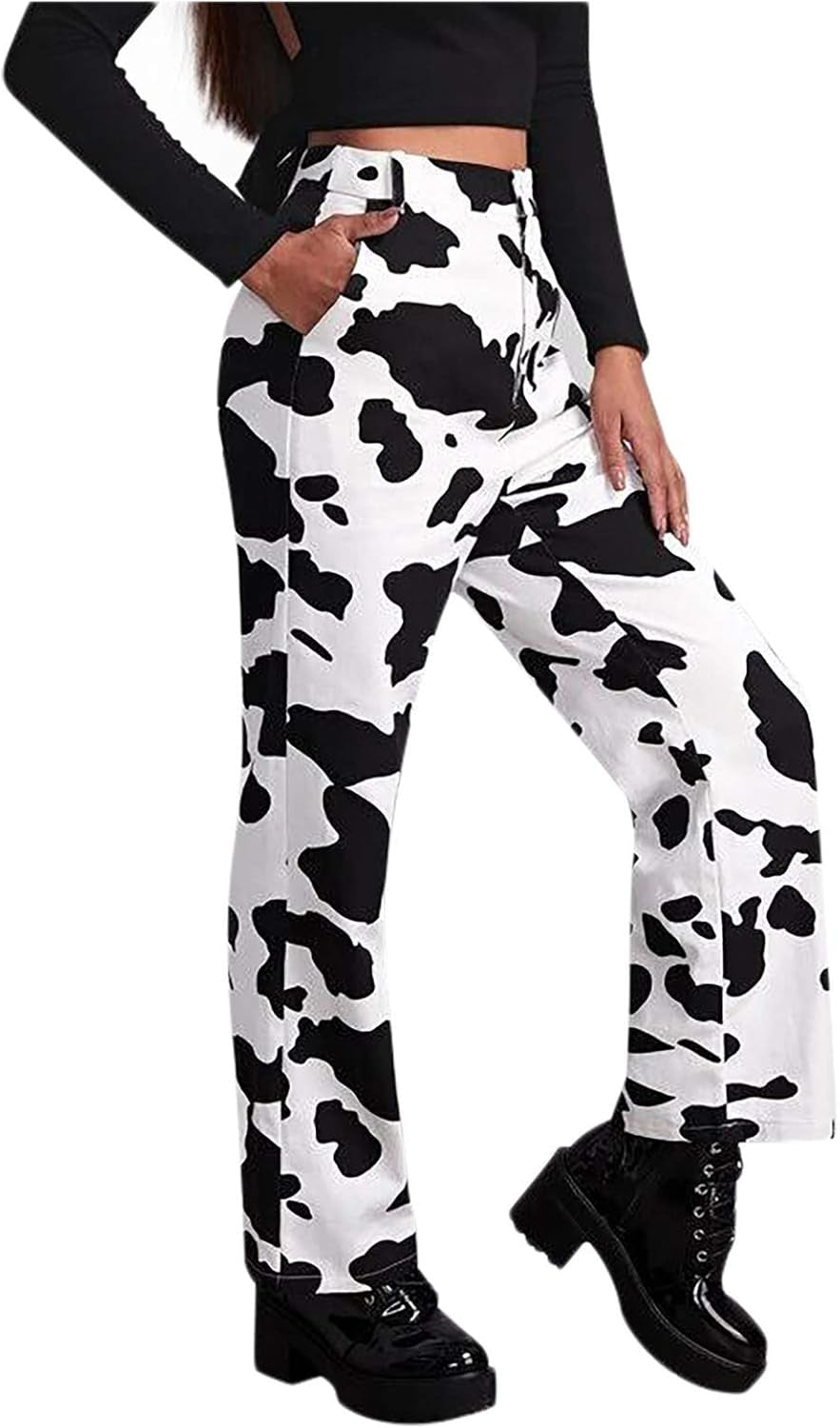 ILUCI Women High Waist Jeans Casual Wide Leg Denim Pants Y2K Fashion White Cow Print Jeans Straight Trousers Streetwear